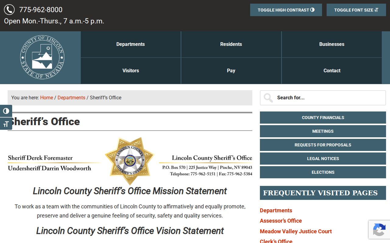 Lincoln County warrant records source showing the sheriff office mission and public stations